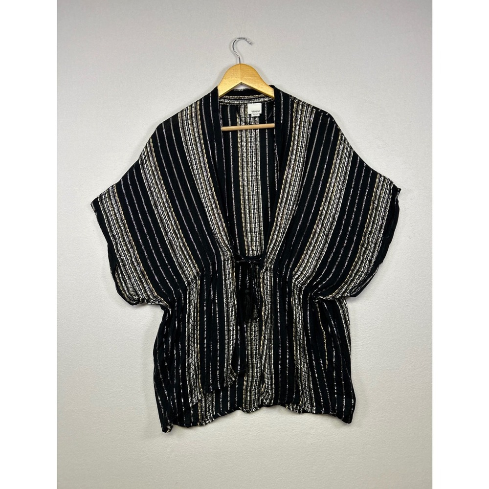 Boho Sonoma Women OS Black Striped Metallic Tassel Tie Kimono Wrap‎ Cover Up